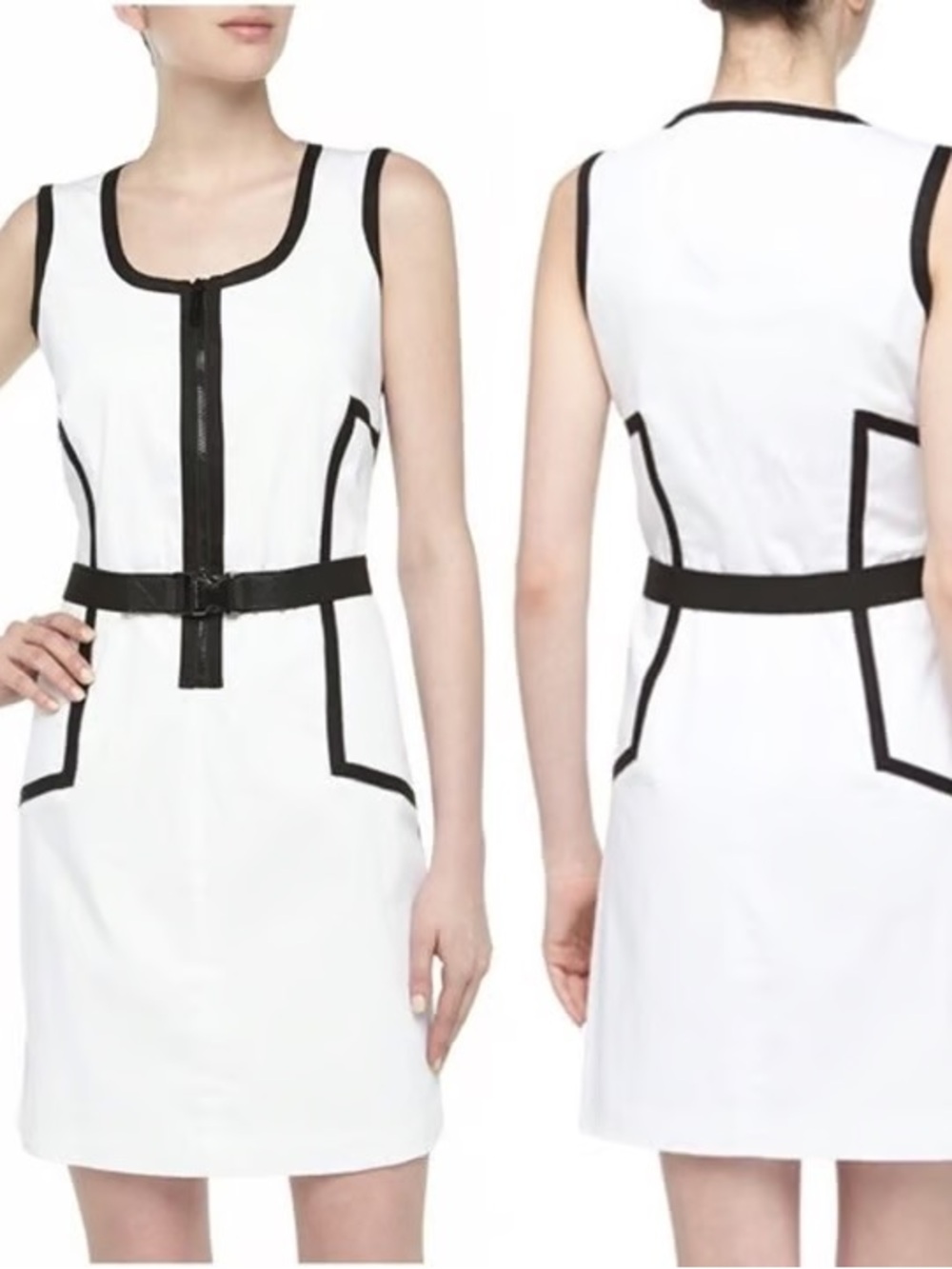 MICHAEL Michael Kors White Sleeveless Sheath Dress with Black Trim